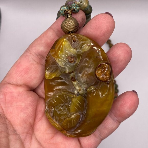 Handmade Carved Jade Beaded Necklace w/ Matching Unakite Bracelet, #403 - Picture 5 of 13